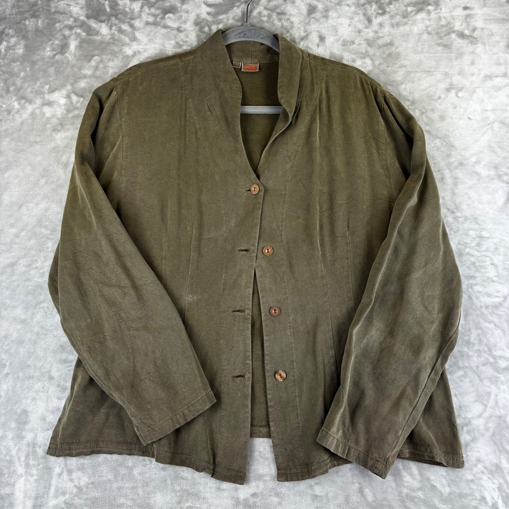 Tianello Crop Duster Women L Olive Green Tencel Rayon Button Front Jacket (1472)